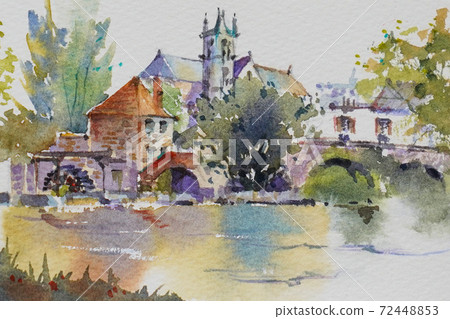 European old town watercolor painting landscape... - Stock Illustration ...
