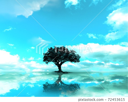 A simple silhouette of a tree standing on a lake that reflects the blue sky A simple silhouette of a tree standing on a lake that reflects the blue sky 72453615