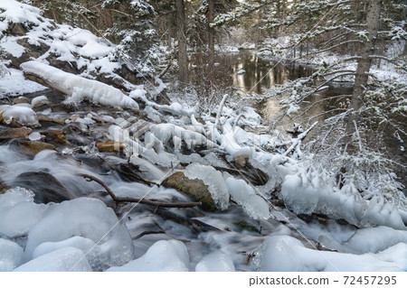 Icy creek flowing in winter season. Grassi Lakes, Canmore, Alberta, Canada. Icy creek flowing in winter season. Grassi Lakes, Canmore, Alberta, Canada. 72457295