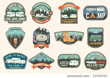 Set of rv camping badges, patches. Vector. Concept for shirt or logo, print, stamp or tee. Vintage typography design with RV Motorhome, camping trailer and off-road car silhouette. 72458703