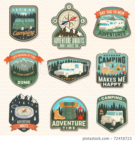 Set of rv camping badges, patches. Vector. Concept for shirt or logo, print, stamp or tee. Vintage typography design with RV Motorhome, camping trailer and off-road car silhouette. 72458723
