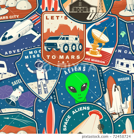 Set of space mission colorful seamless pattern with space rocket alien, mars city, camper van on the moon and earth silhouette. Vector. Background, wallpaper, seamless pattern with patches 72458724