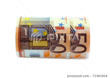 money worth 50 euros rolled on the white background 72462004
