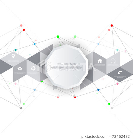 Information technology with infographic elements and flat icons. Abstract background with connecting dots and lines. Global network connection, digital technology and communication concept. 72462482