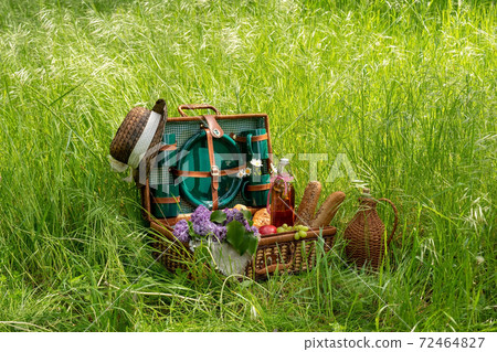 Picnic basket outdoors in grass with bread, pastry, fruits and other food Picnic basket outdoors in grass with bread, pastry, fruits and other food 72464827