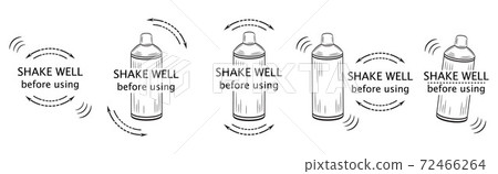 Shake well before using icon set. Mixing liquid. Shaker bottle outline with arrows and text. Symbol for packaging of spray can, drinks, medicines, cosmetics or household chemicals product. Vector 72466264