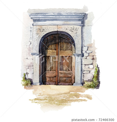 Vintage wood door watercolor image. Old rustic entrance in stone house. Architecture aged detail realistic illustration. Ancient wooden rusted door with metal detales on white background Vintage wood door watercolor image. Old rustic entrance in stone house. Architecture aged detail realistic illustration. Ancient wooden rusted door with metal detales on white background 72466300