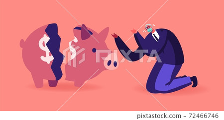 Money Loss at Covid Pandemic . Senior Business Man Character in Mask Crying near Broken Piggy Bank. Financial Crisis Money Loss at Covid Pandemic . Senior Business Man Character in Mask Crying near Broken Piggy Bank. Financial Crisis 72466746