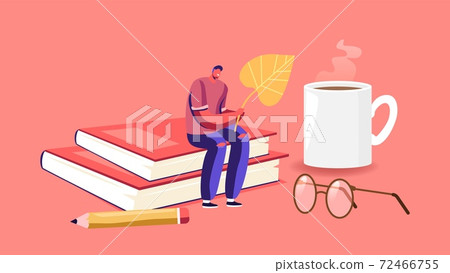 Tiny Male Character Holding Fallen Autumn Leaf Sitting on Huge Books Pile with Steaming Cup, Pencil and Glasses around 72466755