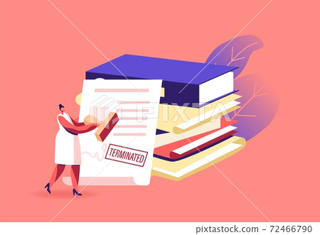 Woman with Stamp for Terminated Agreement, Tiny Female Character near Huge Contract Document and Folders Paper Sheets Woman with Stamp for Terminated Agreement, Tiny Female Character near Huge Contract Document and Folders Paper Sheets 72466790