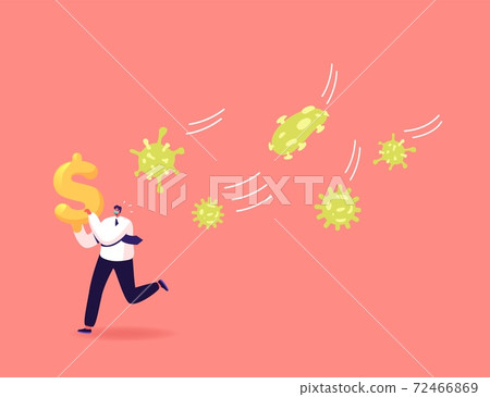 Business Man in Mask Escape from Huge Coronavirus Cells Attack with Dollar in Hands. Financial Crisis, Money Loss Business Man in Mask Escape from Huge Coronavirus Cells Attack with Dollar in Hands. Financial Crisis, Money Loss 72466869