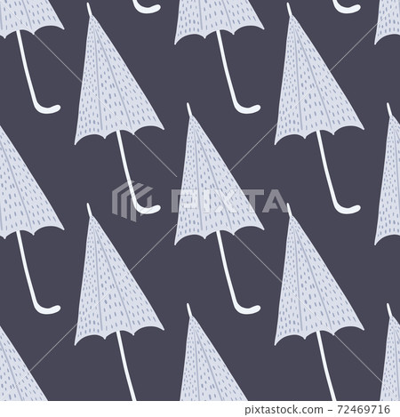 Simple umbrella shapes seamless doodle pattern. Hand drawn accessory on dark purple background. Simple umbrella shapes seamless doodle pattern. Hand drawn accessory on dark purple background. 72469716