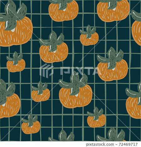 Random seamless pattern with pale orange persimmon elements. Navy blue chequered background. Random seamless pattern with pale orange persimmon elements. Navy blue chequered background. 72469717