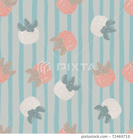 Random seamless childish pattern with persimmons silhouettes. Simple fruit shapes on blue striped background. Random seamless childish pattern with persimmons silhouettes. Simple fruit shapes on blue striped background. 72469718
