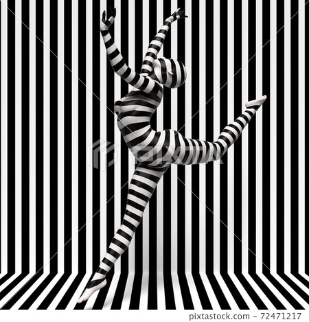 Body paint on a girl in a surreal style on black and white geometric background 3d illustration 72471217