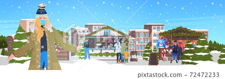 mix race people walking at christmas market men women wearing masks to prevent coronavirus pandemic 72472233