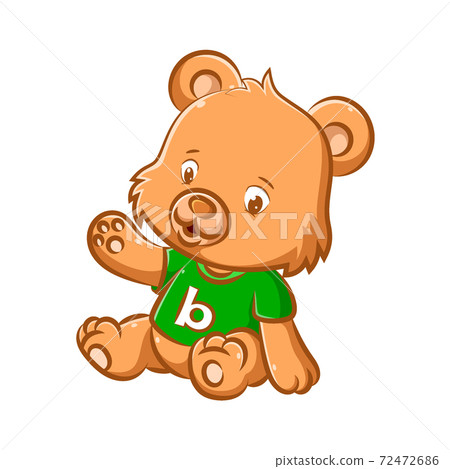 The little doll bear is sitting with the green shirt and the alphabet in the center 72472686