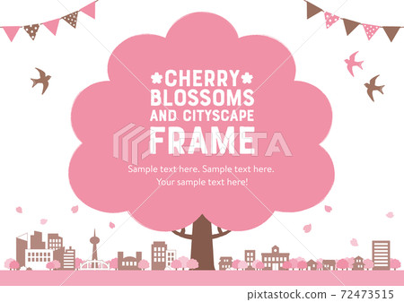 Spring frame made of cherry blossoms and cityscape with horizontal white background characters 72473515