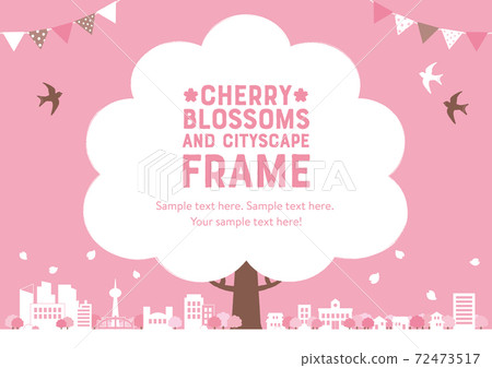 Spring frame made of cherry blossoms and cityscape with horizontal pink background letters 72473517