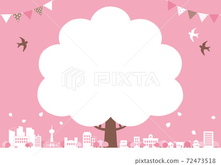 Spring frame made of cherry blossoms and cityscape Horizontal pink background No letters 72473518