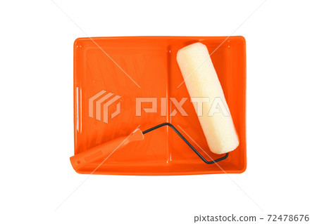 Paint roller and orange tray on white background. 72478676