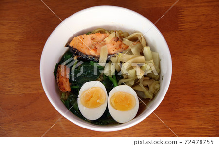 Boiled instant noodles with boiled egg, fish meat, green leafy vegetables and pickle lettuce Boiled instant noodles with boiled egg, fish meat, green leafy vegetables and pickle lettuce 72478755