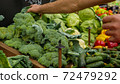 Close-up hands of grocery worker is arranging vegetables on store shelves. 72479292
