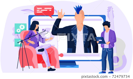 Video tutorial concept. Businessman is pressing play button. Girl sits next to the microphone Video tutorial concept. Businessman is pressing play button. Girl sits next to the microphone 72479734