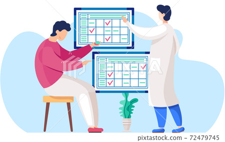 The guy sits with chips in his hands. A man in a lab coat points to a work plan on the background 72479745