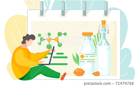 A man with a laptop studying vegan milk formula, organic and healthy cow beverage alternative 72479788