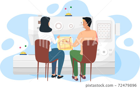 Tailoring clothes to order. Work with sewing machine. People communicate at work. Pattern of garment Tailoring clothes to order. Work with sewing machine. People communicate at work. Pattern of garment 72479896