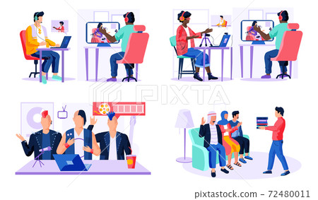 Set of illustrations on the topic of processing a track on a computer. People work in studio Set of illustrations on the topic of processing a track on a computer. People work in studio 72480011