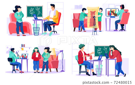 Set of pictures about designer communicates with the customer. Girl chooses the style of the dress 72480015