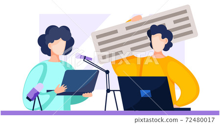 People are standing near women with a laptop and communicate. The man holds a sign with the text People are standing near women with a laptop and communicate. The man holds a sign with the text 72480017