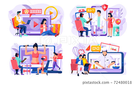 Set of illustrations on the topic of video lessons on screen. Online learning of science and sports Set of illustrations on the topic of video lessons on screen. Online learning of science and sports 72480018