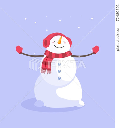 Snowman in earmuffs and scarf enjoying snowfall Snowman in earmuffs and scarf enjoying snowfall 72480801