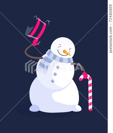 Snowman with candy cane tipping top hat isolated Snowman with candy cane tipping top hat isolated 72480809