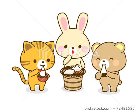 Illustration of animals eating rice cakes for children 72481585