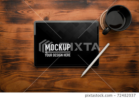 Top view of mock up digital tablet, stylus pen and coffee cup on rustic table 72482037