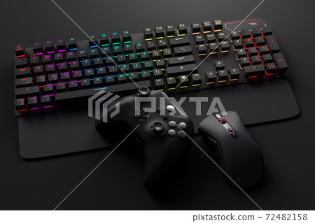 Top view of gamer workspace and gear like mouse, keyboard, joystick, headset Top view of gamer workspace and gear like mouse, keyboard, joystick, headset 72482158