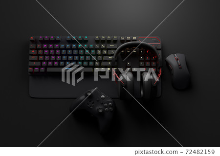 Top view of gamer workspace and gear like mouse, keyboard, joystick, headset Top view of gamer workspace and gear like mouse, keyboard, joystick, headset 72482159