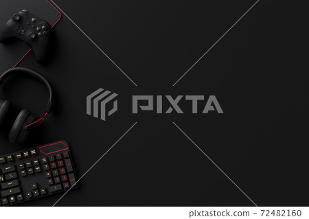 Top view of gamer workspace and gear like mouse, keyboard, joystick, headset Top view of gamer workspace and gear like mouse, keyboard, joystick, headset 72482160