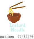 Instant noodles icon, delicious cooking in a brown clay cup. Ready to eat. Bowl with chopsticks. Japanese ramen flat wavy thick noodles. Stock illustration isolated on white background, doodle style 72482276