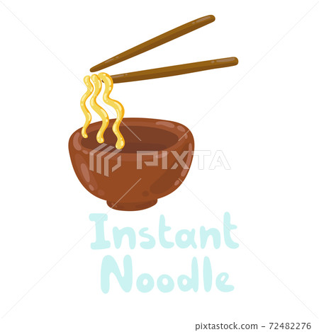 Instant noodles icon, delicious cooking in a brown clay cup. Ready to eat. Bowl with chopsticks. Japanese ramen flat wavy thick noodles. Stock illustration isolated on white background, doodle style Instant noodles icon, delicious cooking in a brown clay cup. Ready to eat. Bowl with chopsticks. Japanese ramen flat wavy thick noodles. Stock illustration isolated on white background, doodle style 72482276