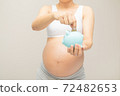 Money saving, donation, economizing, pregnancy, reservation, finance, investment and life insurance concept - young beautiful pregnant woman dropping golden coin into piggy bank glass for saving mone 72482653