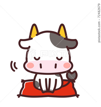 牛坐在墊子上，鞠躬圖的可愛的角色 72482679