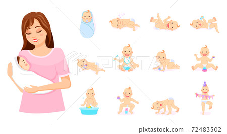 Mother with baby on hands, set of babies in different poses, newborns, emotions of baby, motherhood Mother with baby on hands, set of babies in different poses, newborns, emotions of baby, motherhood 72483502