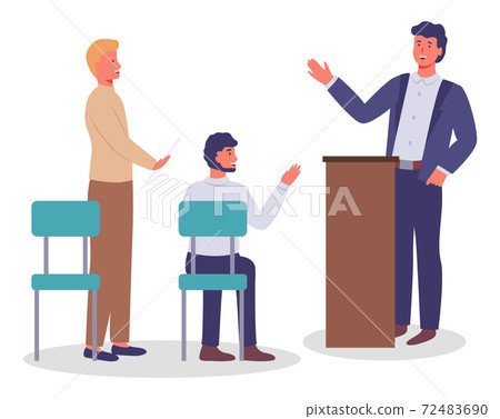 Executive man waving hand, greeting, talking from tribune to people, office workers in costumes 72483690