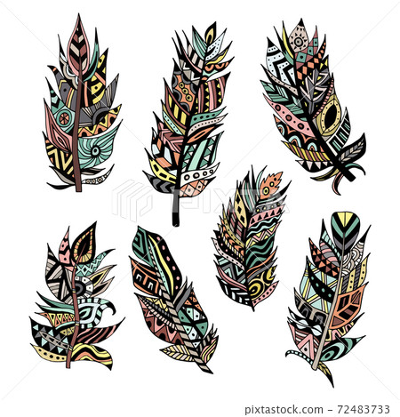 A vector set of beautiful tribal feathers with ethnic ornament A vector set of beautiful tribal feathers with ethnic ornament 72483733
