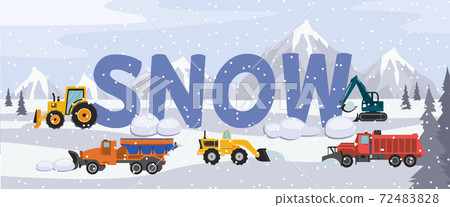 Winter snowy cityscape with snowplough cars flat vector illustration. Winter snowy cityscape with snowplough cars flat vector illustration. 72483828